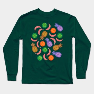 TROPICAL FRUITS WITH LOTSA DOTS in Earthy Brights on Dark Teal - UnBlink Studio by Jackie Tahara Long Sleeve T-Shirt